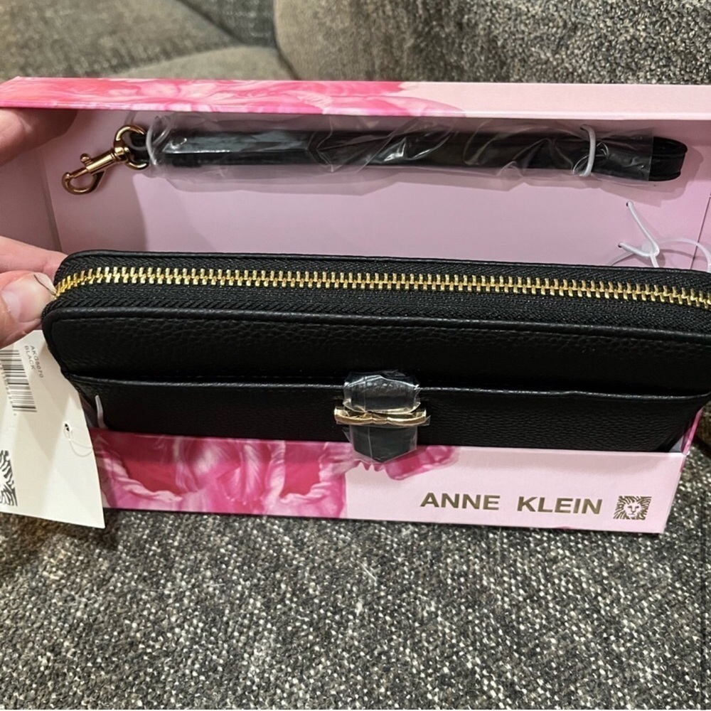 Anne Klein Zip Around Long Wallet with Wrist Strap, Black, Gold, NWT, Gift Box - Picture 13 of 13
